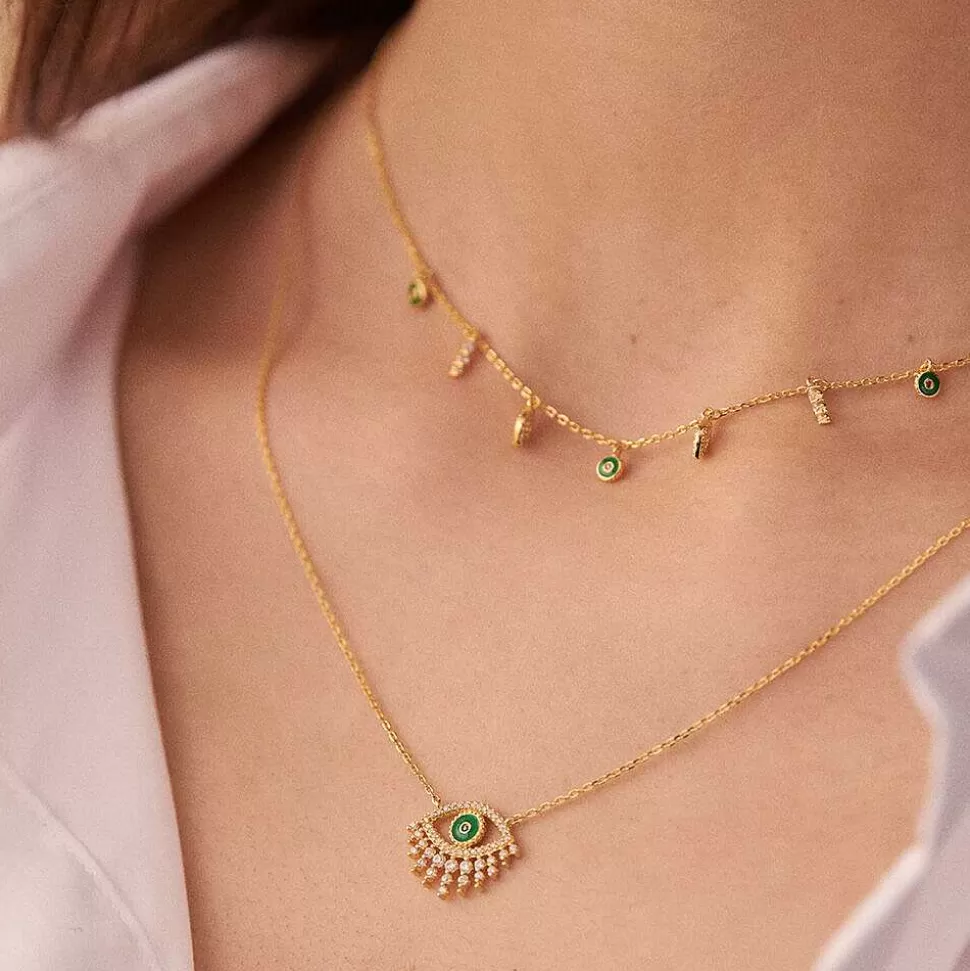 AGATHA Mid-Length Necklace Lucky Eye-Green/Golden